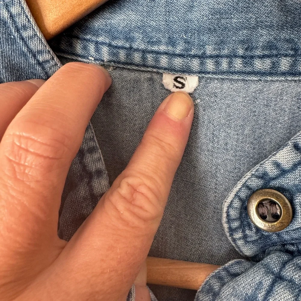 Embroidered cotton blue denim button up shirt